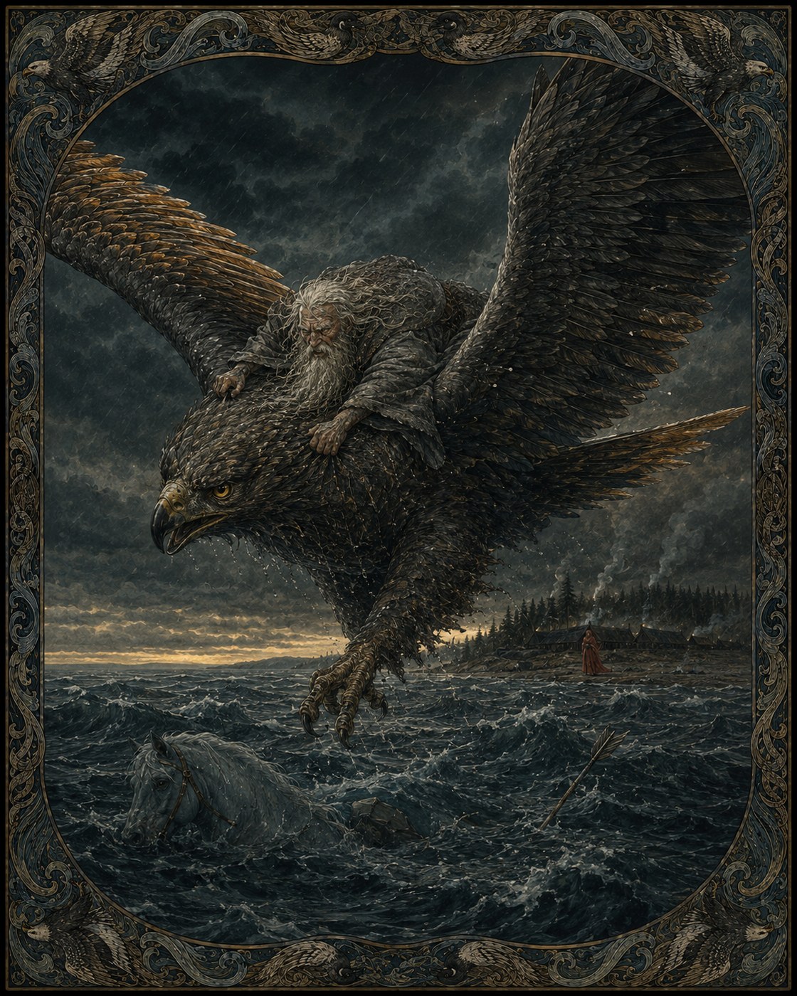 An eagle carries the shipwrecked Väinämöinen across the open sea toward the cold shore of Pohjola.