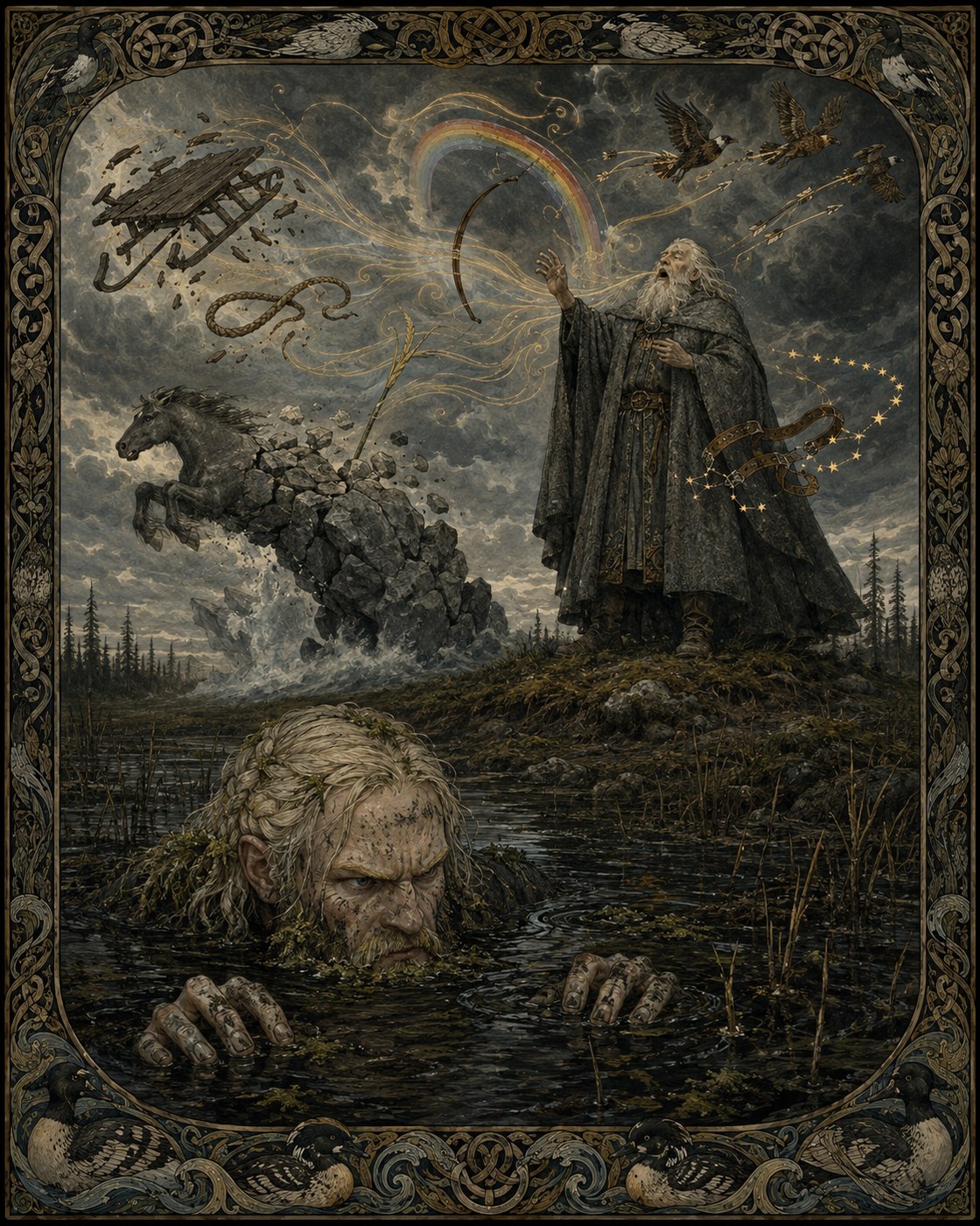Väinämöinen sings the boasting boy Joukahainen chin-deep into a swamp while his sledge dissolves into rainbows, hawks and stars.