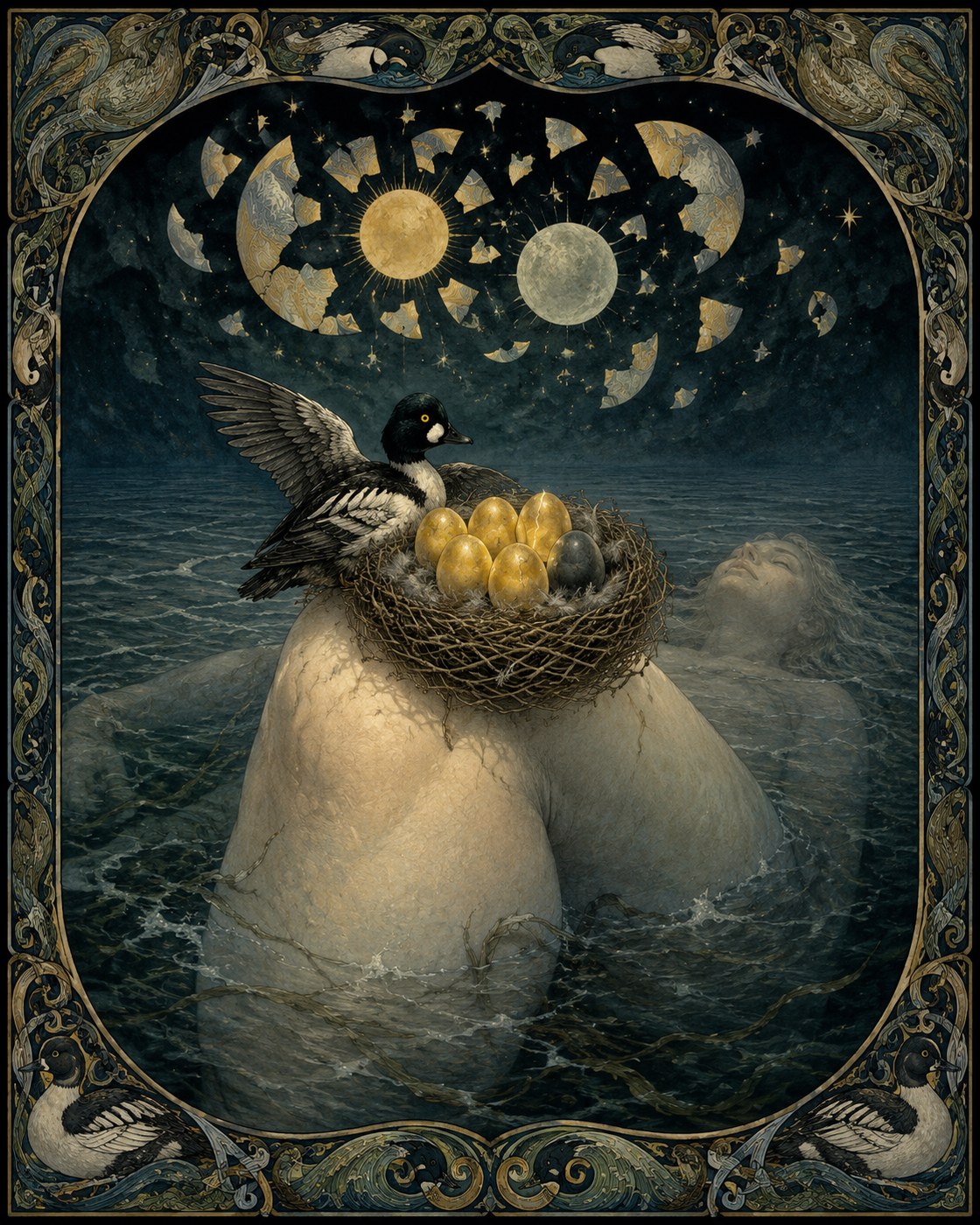 A goldeneye duck nests on the raised knee of a giant woman floating in a primordial sea, her golden eggs about to become the world.