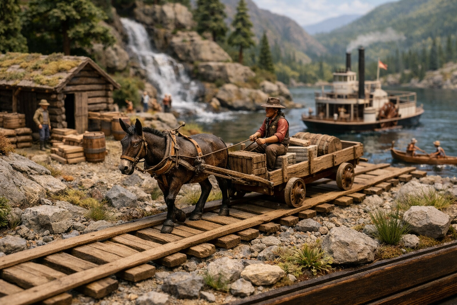 a mule pulls a wagon on plank rails along the Columbia river circa 1851